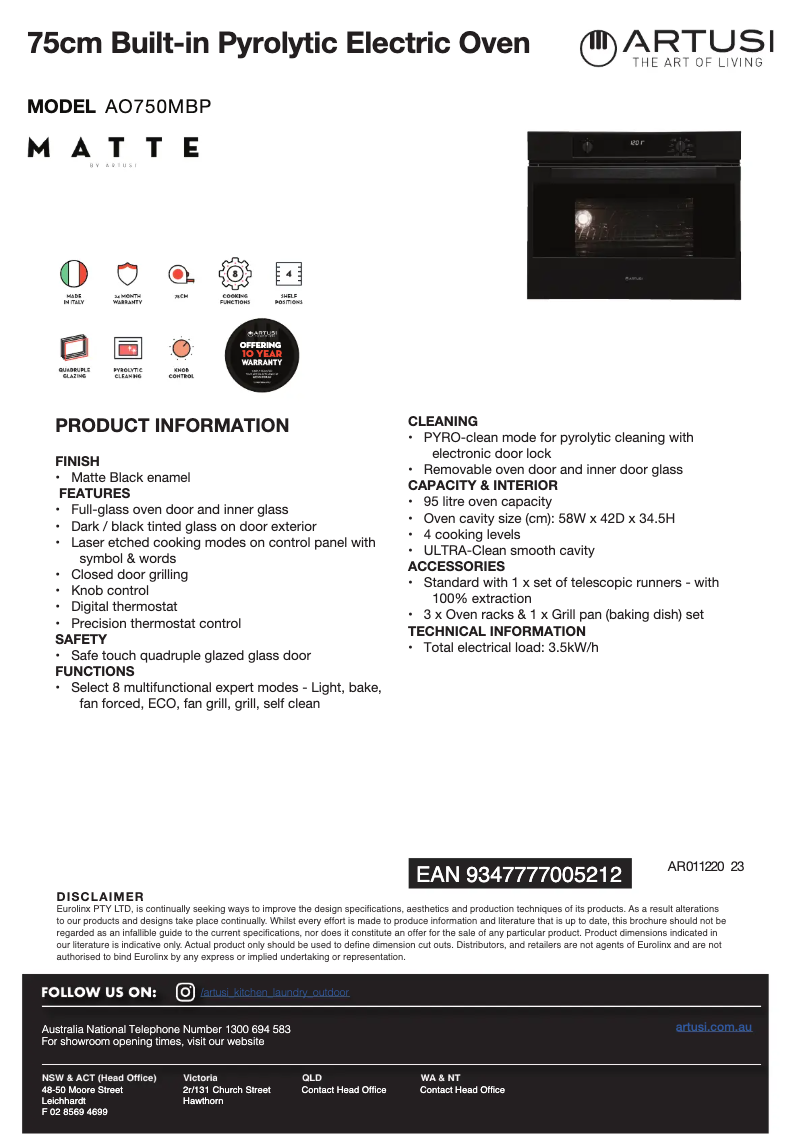 Page 1 de la notice Fiche technique Artusi AO750MBP