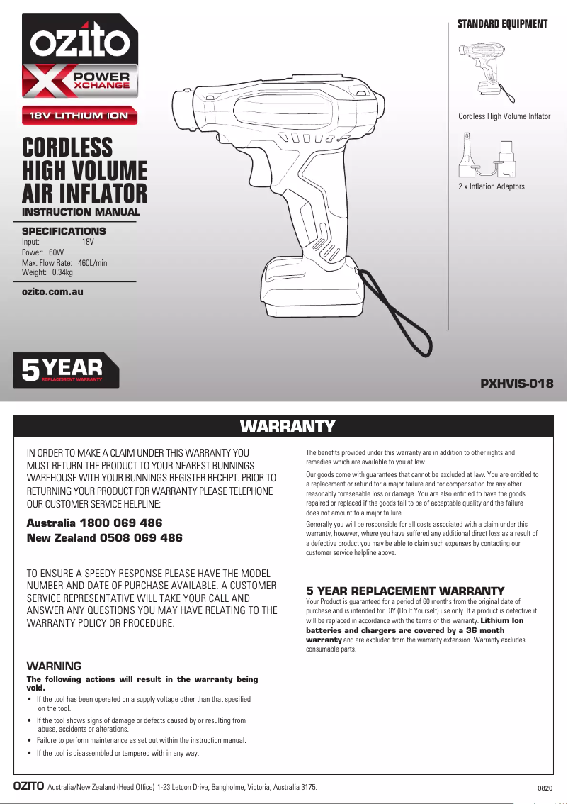 Page 1 de la notice Manuel utilisateur Ozito PXHVIS-018