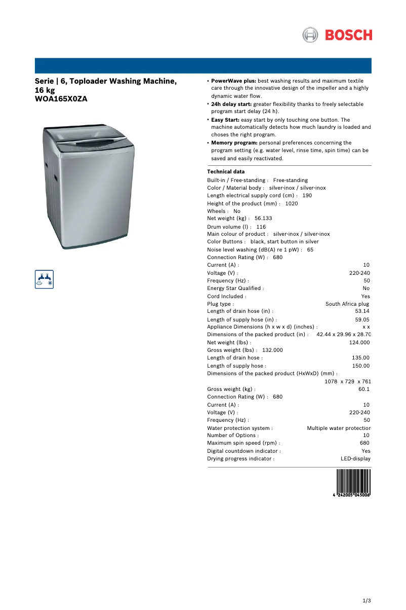 Page 1 de la notice Fiche technique Bosch WOA165X0ZA