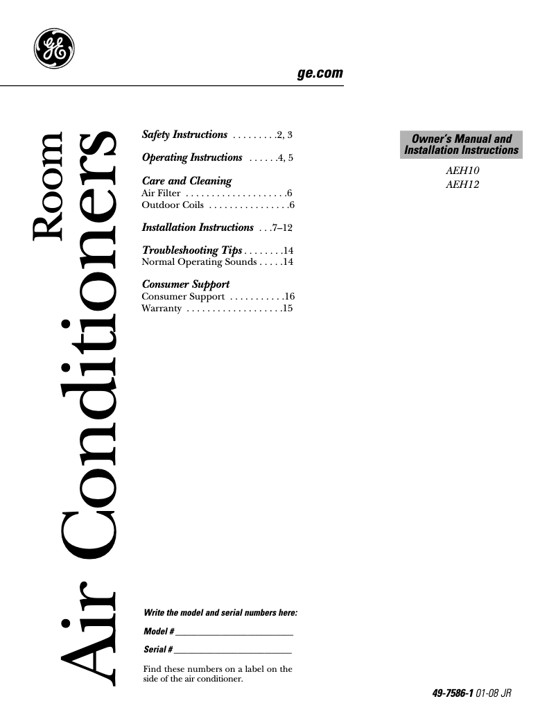 Página 1 del manual Manual de uso y mantenimiento GE AEH10AL