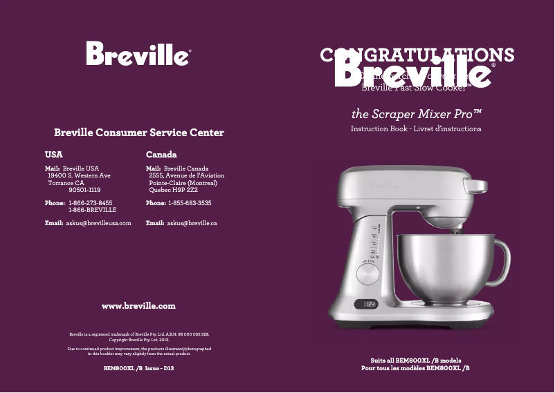 Page 1 de la notice Manuel utilisateur Breville BEM800XL