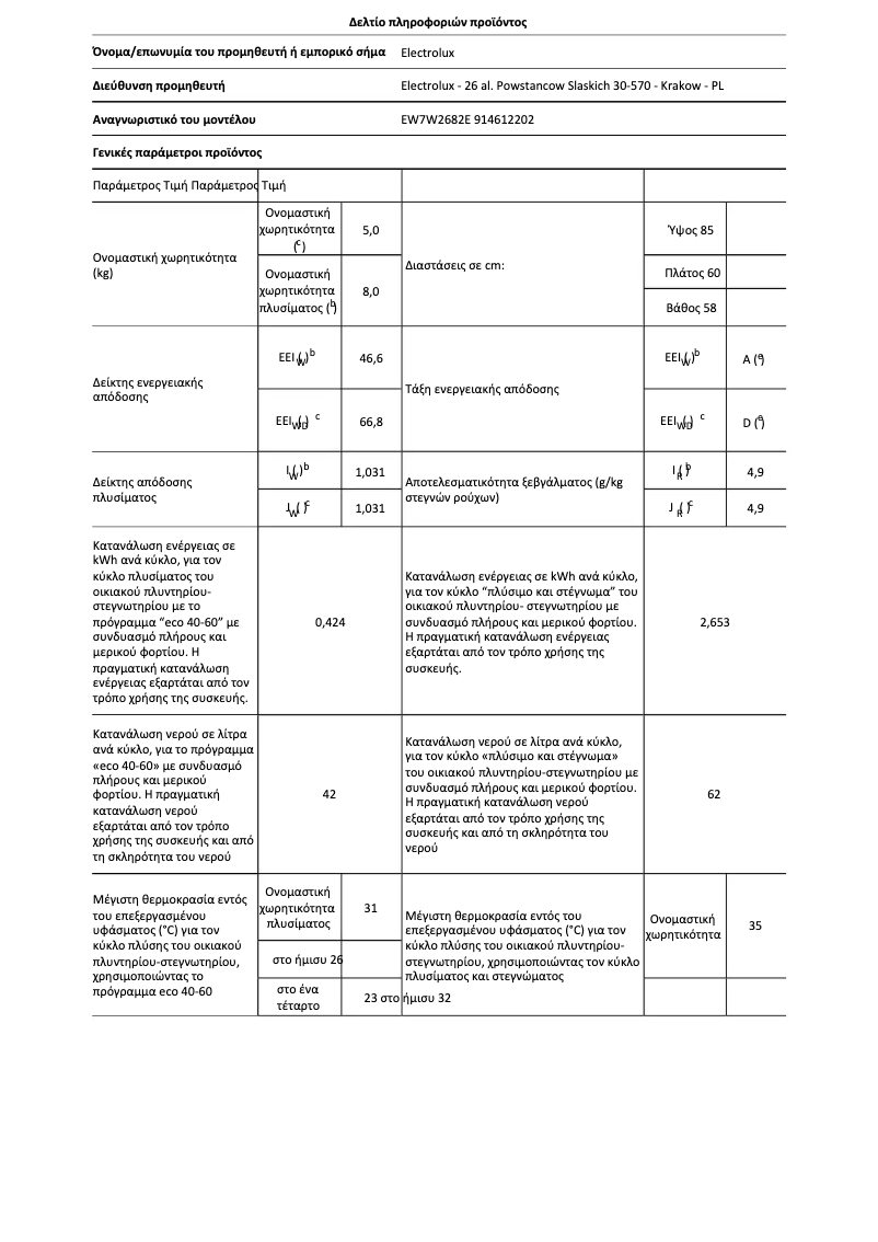Page 1 de la notice Fiche technique Electrolux EW7W2682E