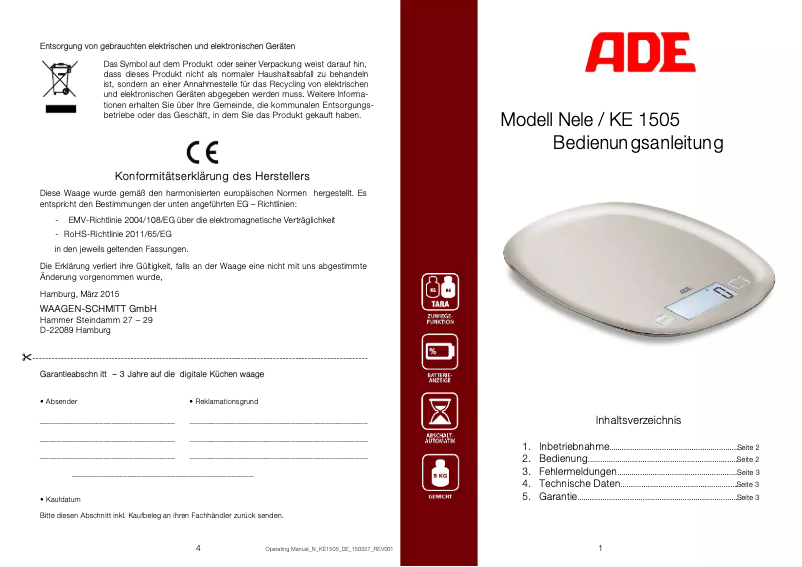 Page 1 of the manual User Manual ADE Nele KE 1505