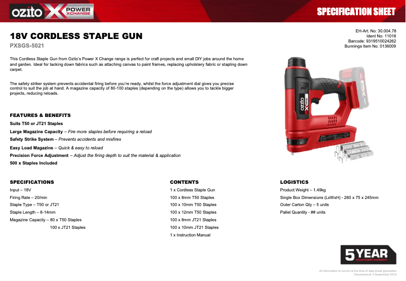 Page 1 de la notice Fiche technique Ozito PXSGS-5021