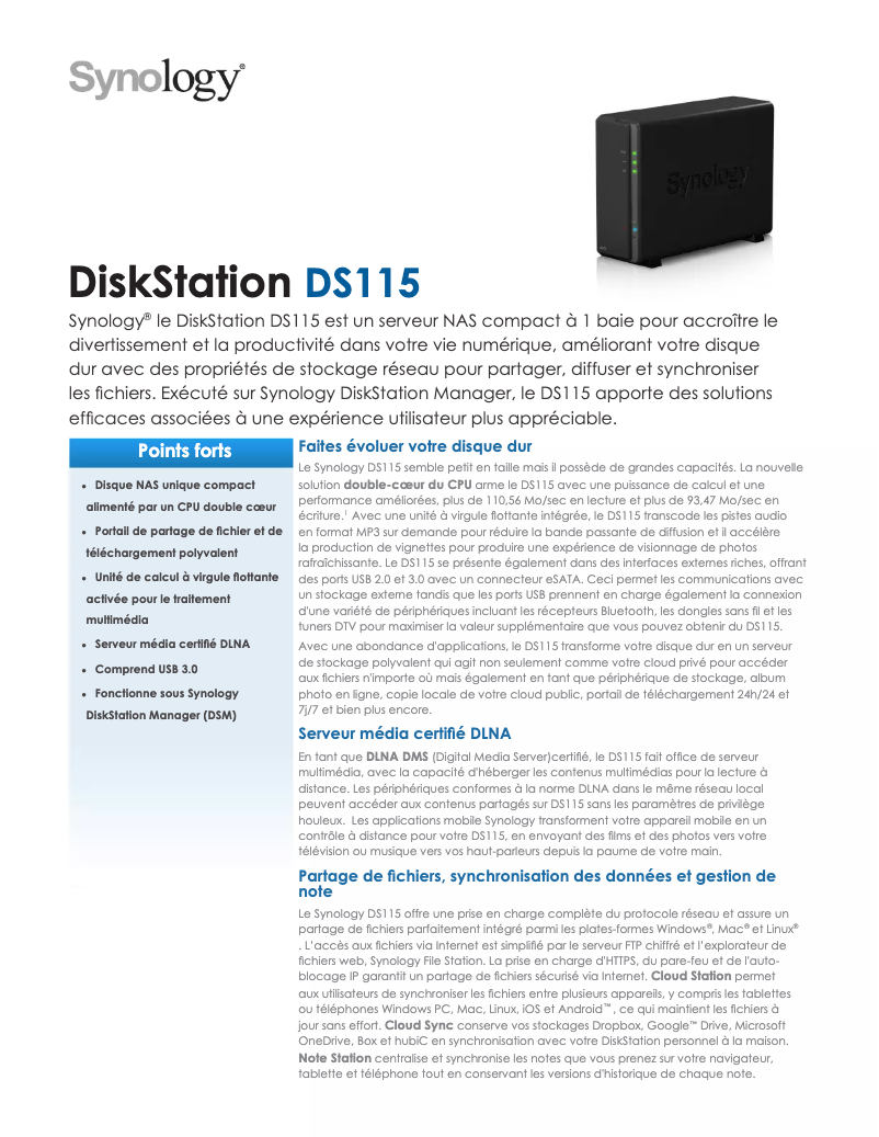 Page 1 de la notice Fiche technique Synology DiskStation DS115