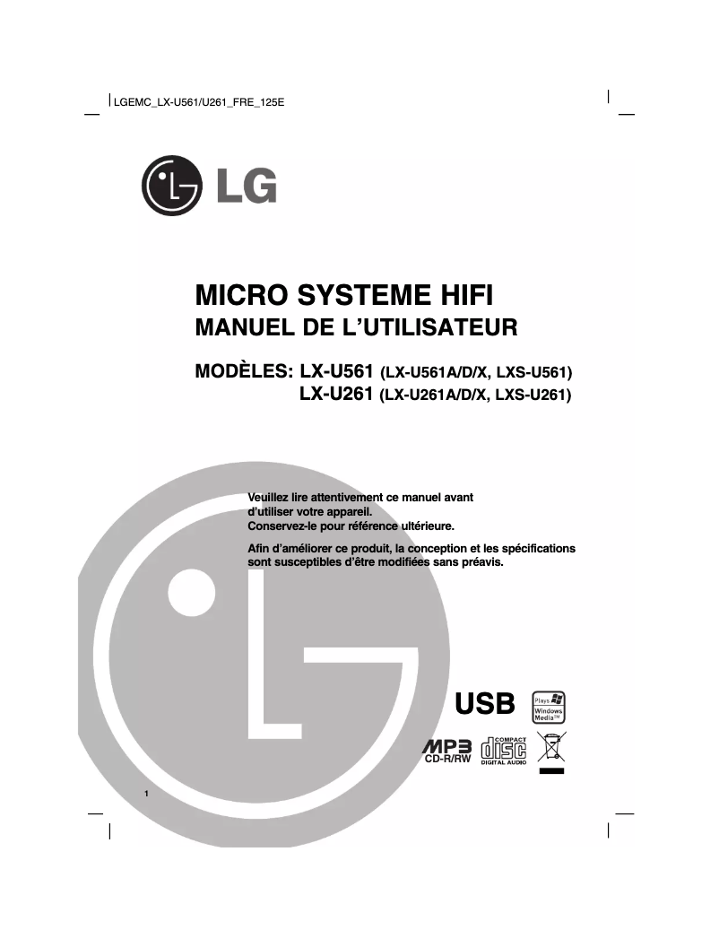 Page 1 de la notice Manuel utilisateur LG LX-U561A