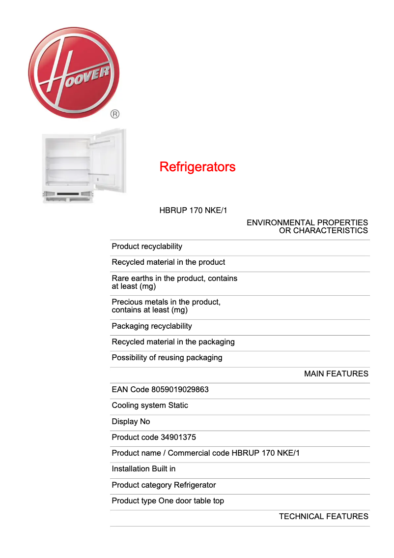 Página 1 del manual Ficha técnica Hoover HBRUP 170 NKE/1