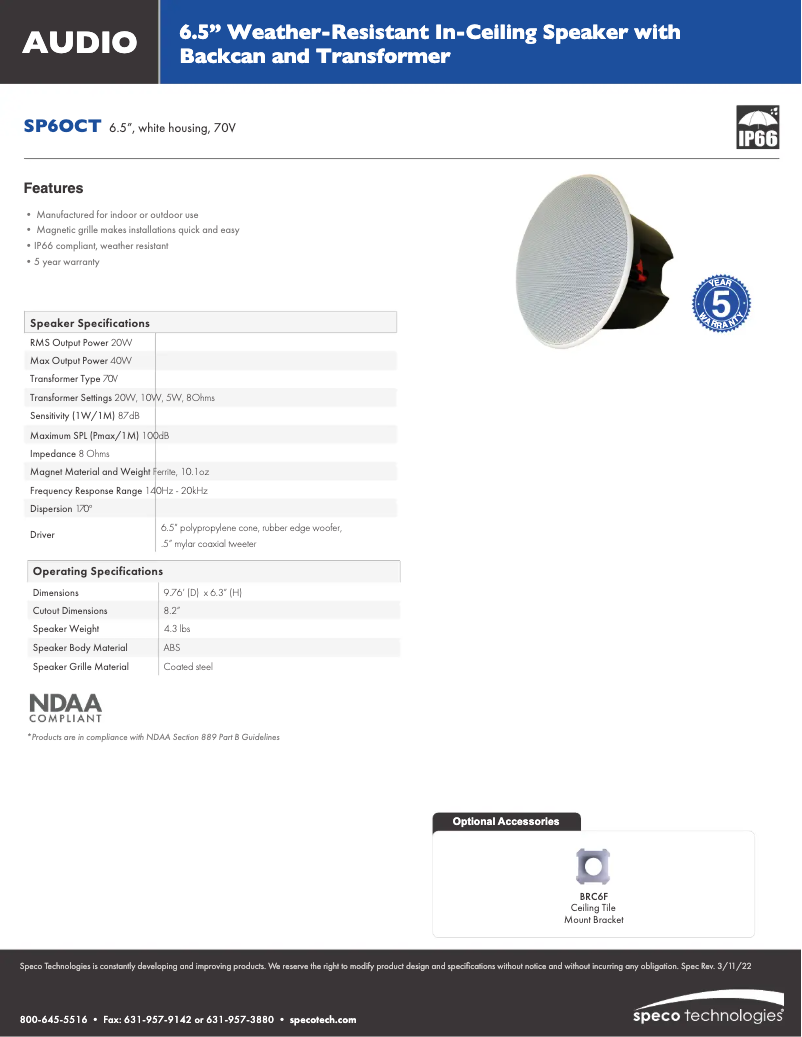 Page 1 de la notice Fiche technique Speco Technologies SP6OCT