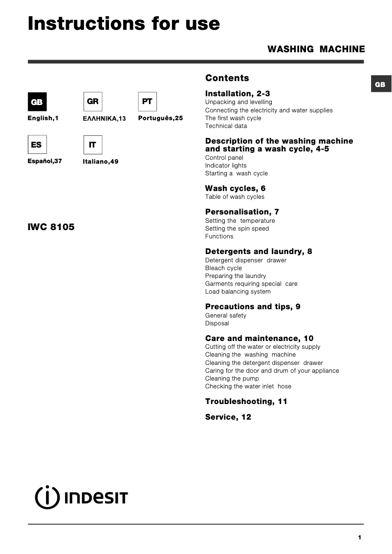 Page 1 de la notice Manuel utilisateur Indesit Maxi IWC 8105 B (EU)