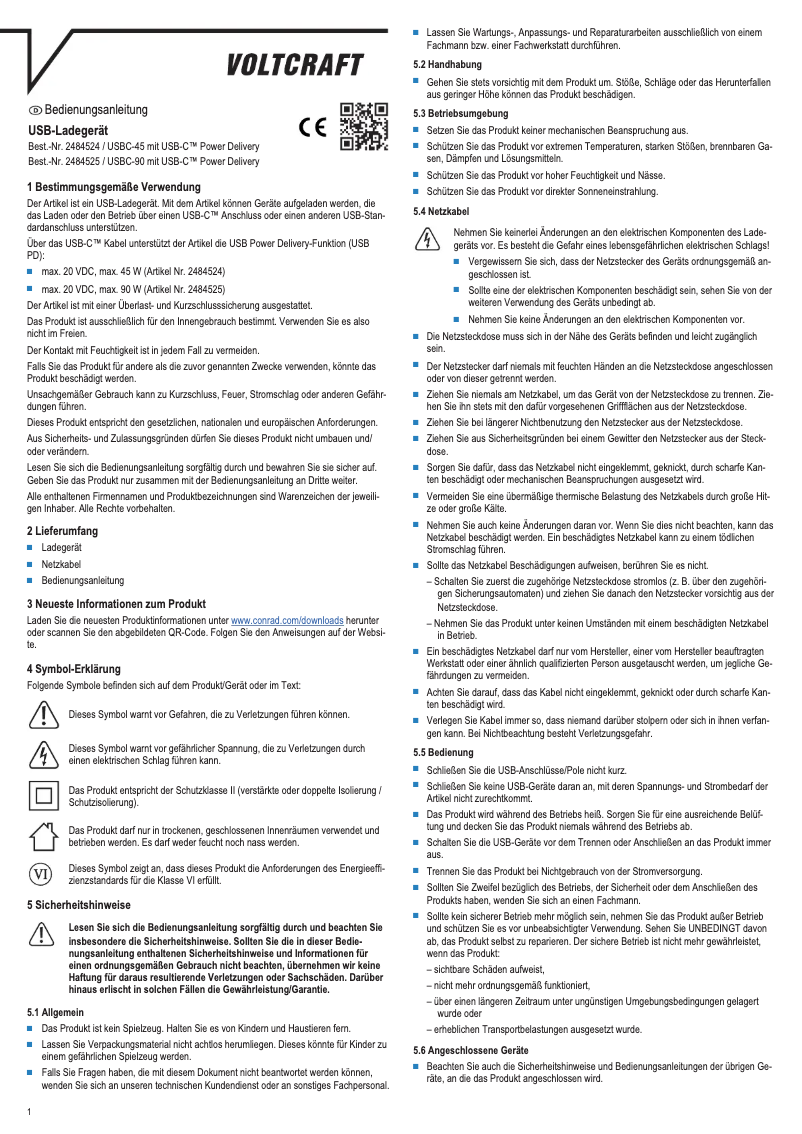 Page 1 de la notice Manuel utilisateur Voltcraft USBC-45