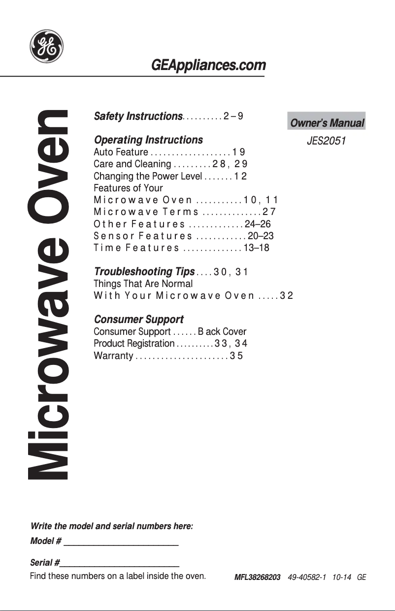 Page n°1 - Manuel d'utilisation et d'entretien GE JES2051DNWW