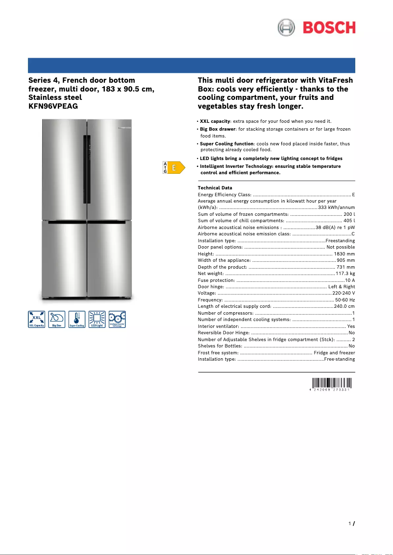 Page 1 de la notice Fiche technique Bosch KFN96VPEAG