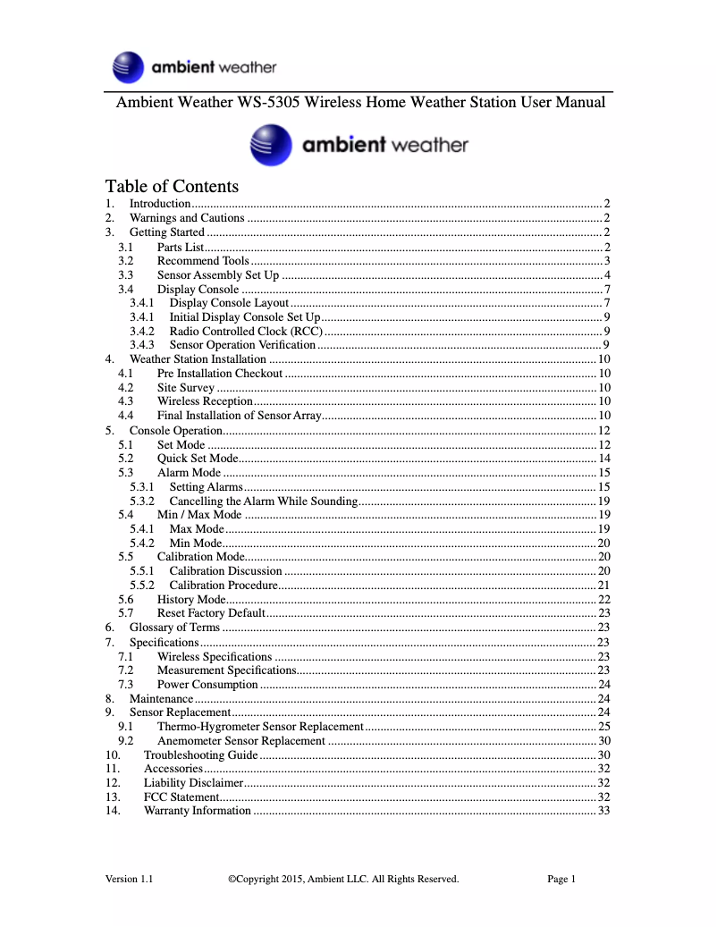 Page 1 de la notice Manuel utilisateur Ambient Weather WS-5305