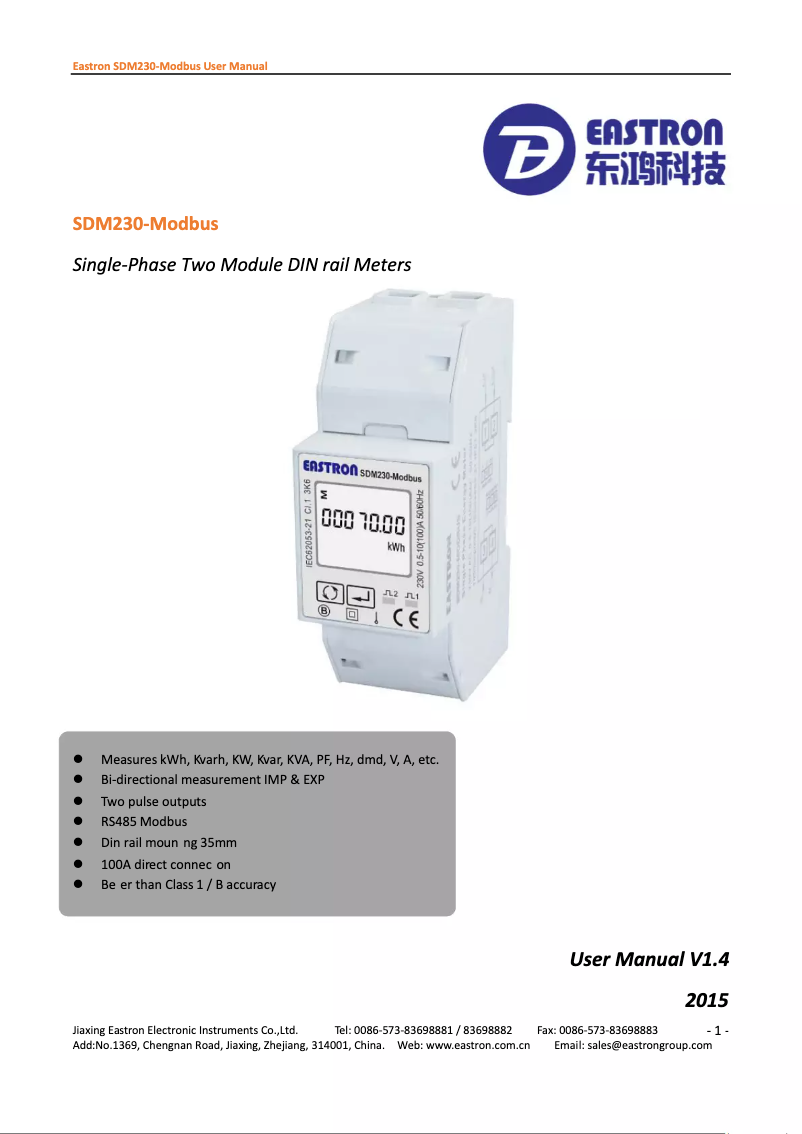 Page 1 of the manual User Manual Eastron SDM230-Modbus