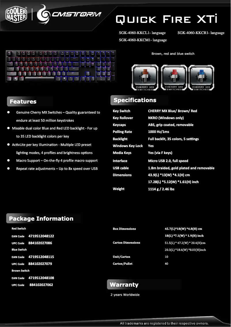 Página 1 del manual Ficha técnica Cooler Master Gaming QuickFire XTi
