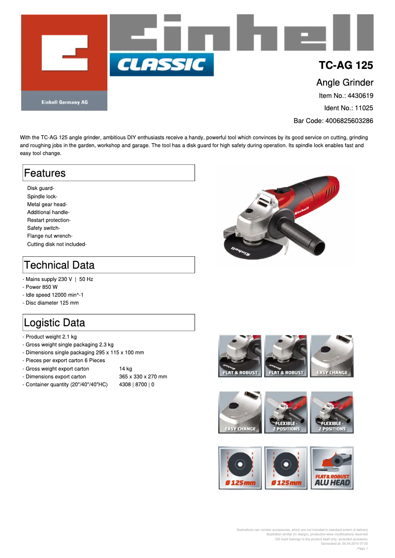 Page 1 de la notice Fiche technique Einhell 4430624