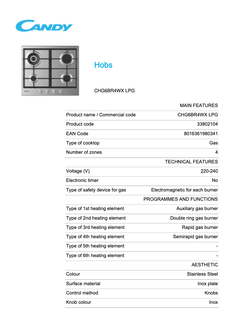 Page 1 of the manual Technical Sheet Candy CHG6BR4WX LPG