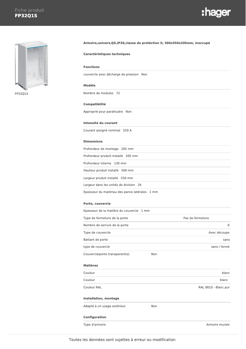 Page 1 de la notice Manuel utilisateur Hager FP32Q1S