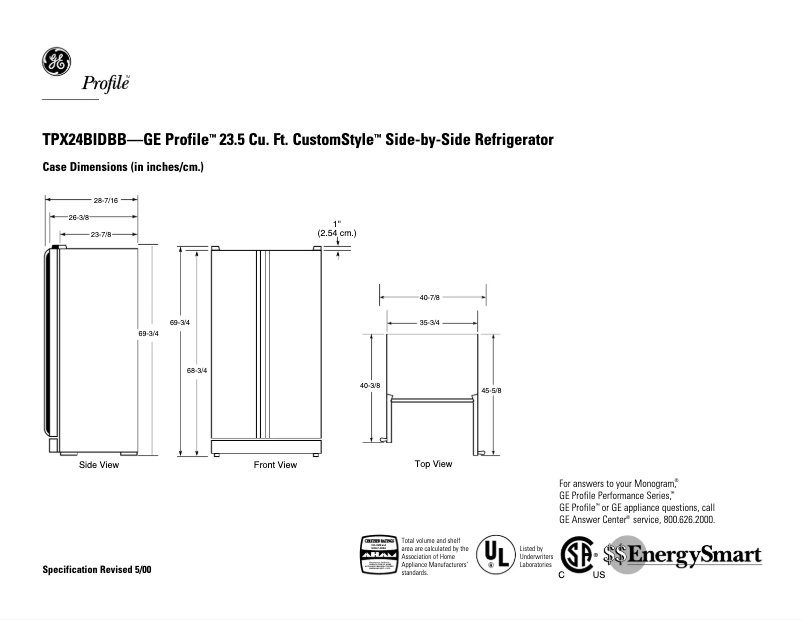 Page n°1 - Fiche technique GE Profile TPX24BIDBB