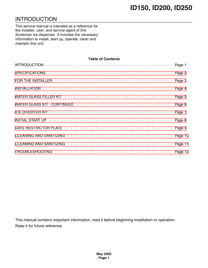 Page 1 de la notice Manuel d'utilisation et d'entretien Scotsman ID250B-1