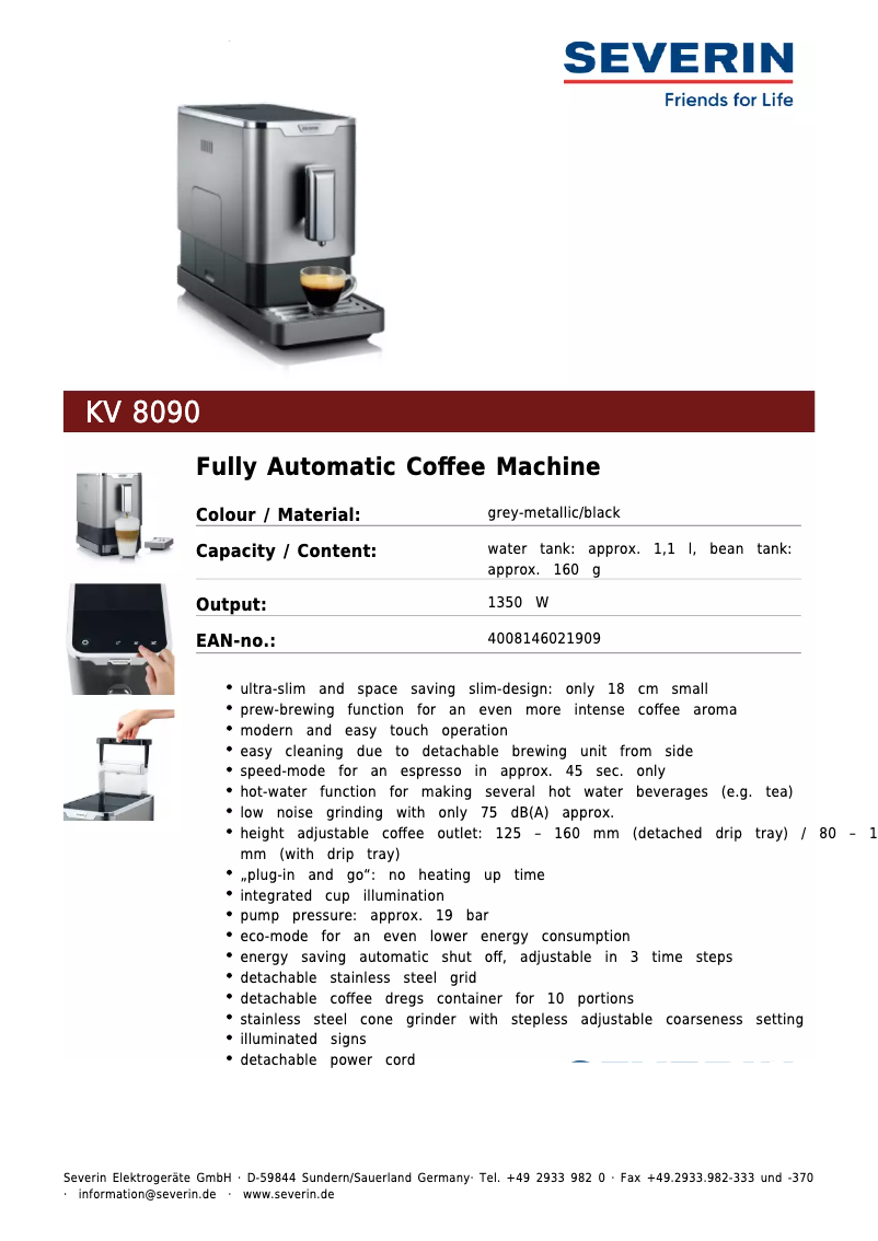 Page 1 de la notice Fiche technique Severin KV 8090