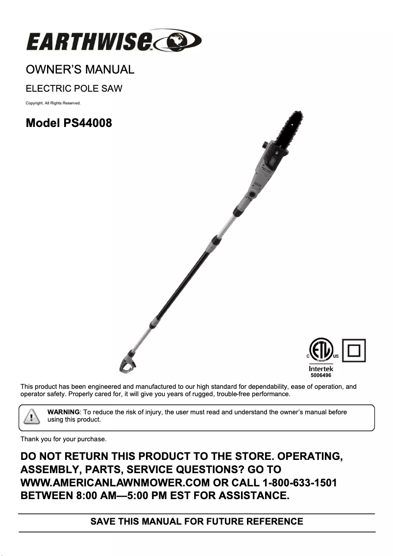 Page 1 de la notice Manuel utilisateur Earthwise PS44008