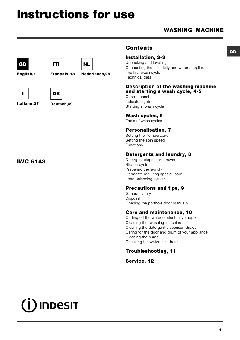 Page n°1 - Manuel utilisateur Indesit IWC 6143 (EU)
