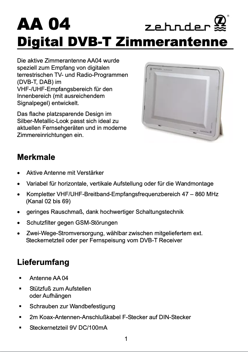 Page 1 de la notice Manuel utilisateur Zehnder AA 04