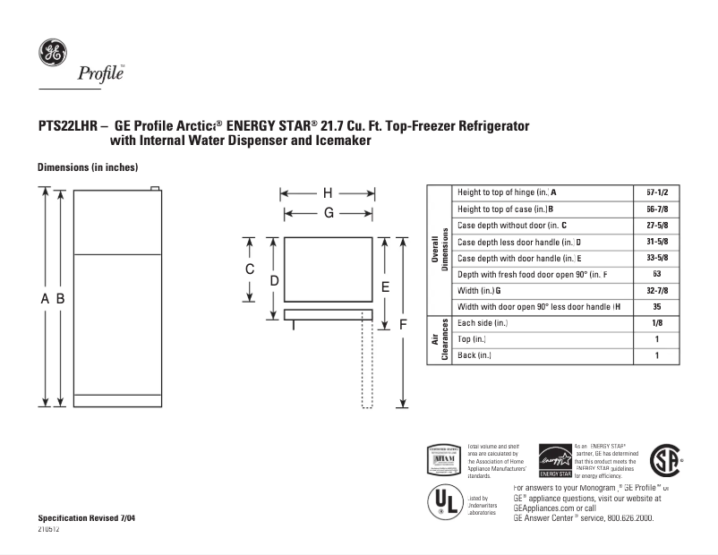Page 1 de la notice Fiche technique GE PTS22LHRWW