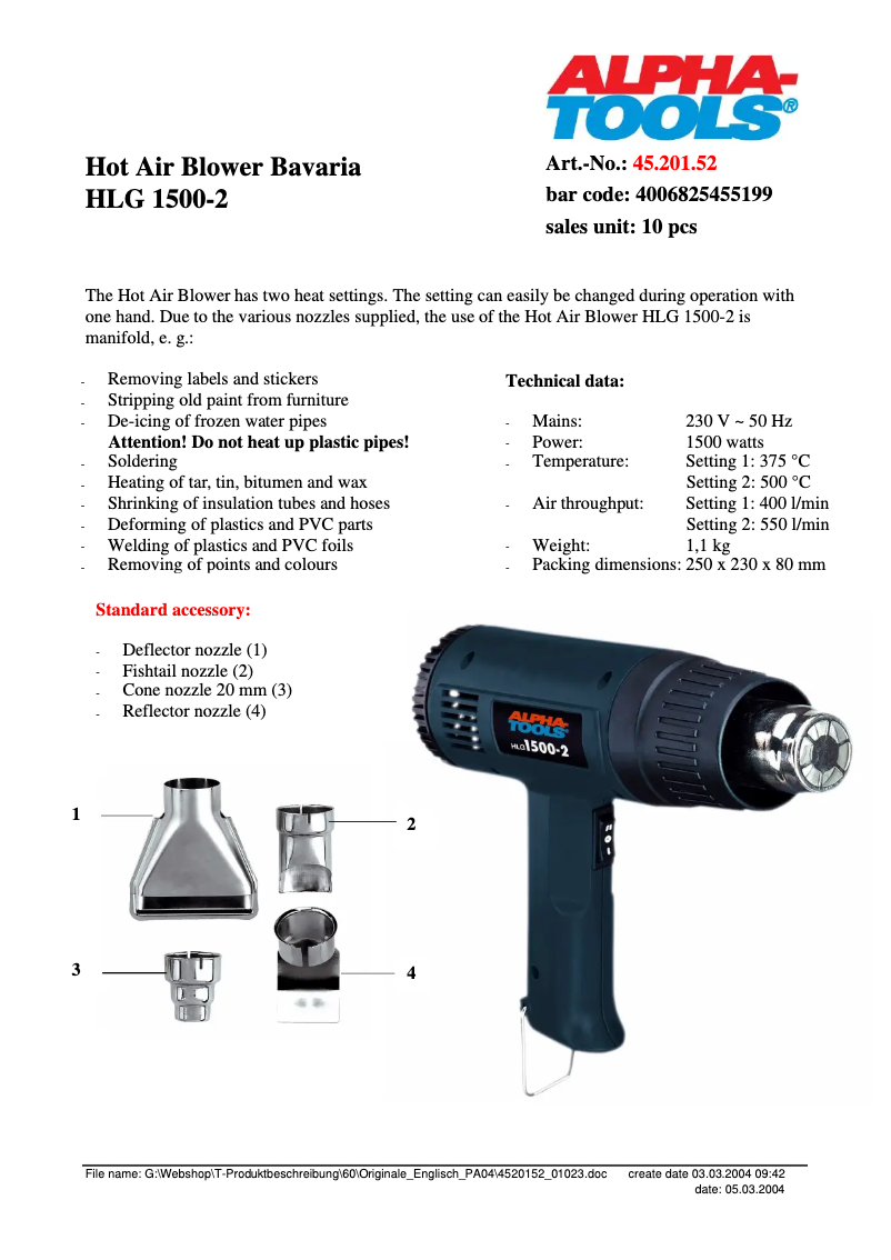 Page 1 de la notice Fiche technique Alpha Tools HLG 1500-2