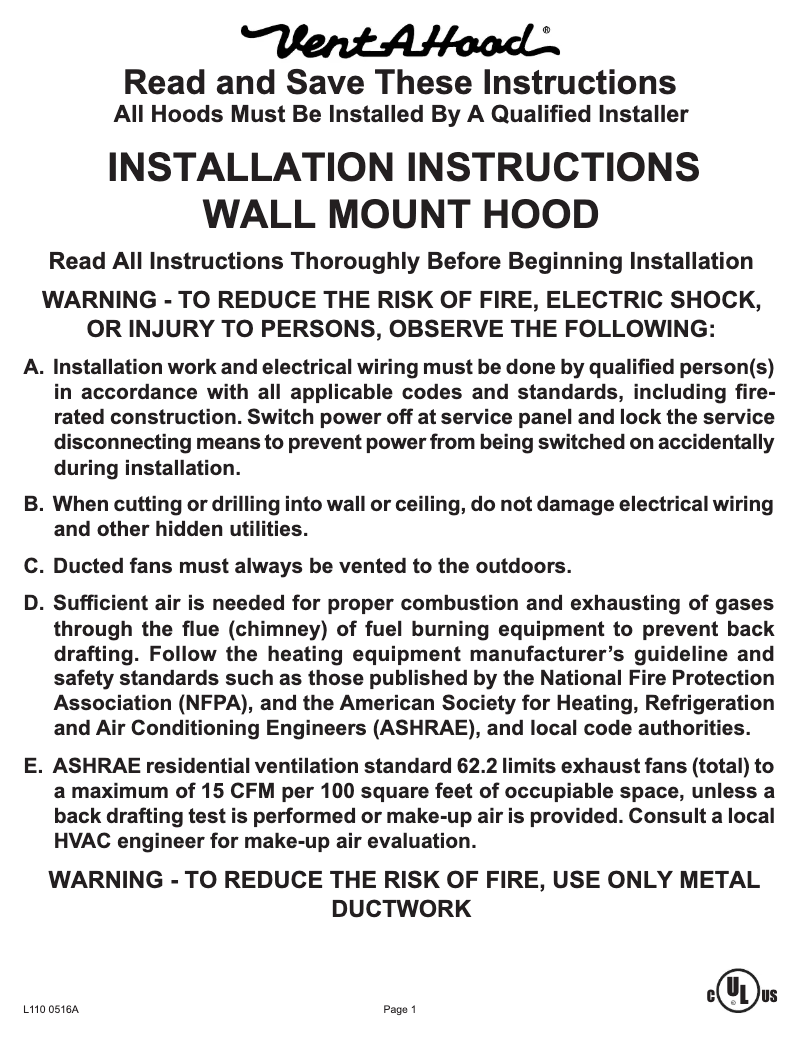 Page 1 de la notice Guide d'installation Vent-A-Hood PRXH18236SS