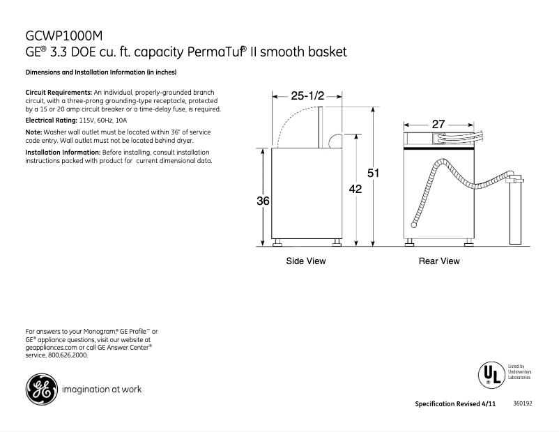 Page 1 de la notice Fiche technique GE GCWP1005MCC