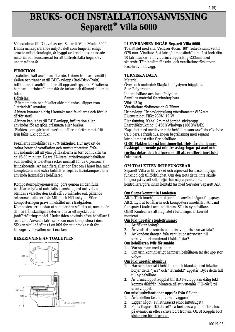 Page 1 de la notice Manuel utilisateur Separett Villa 6000