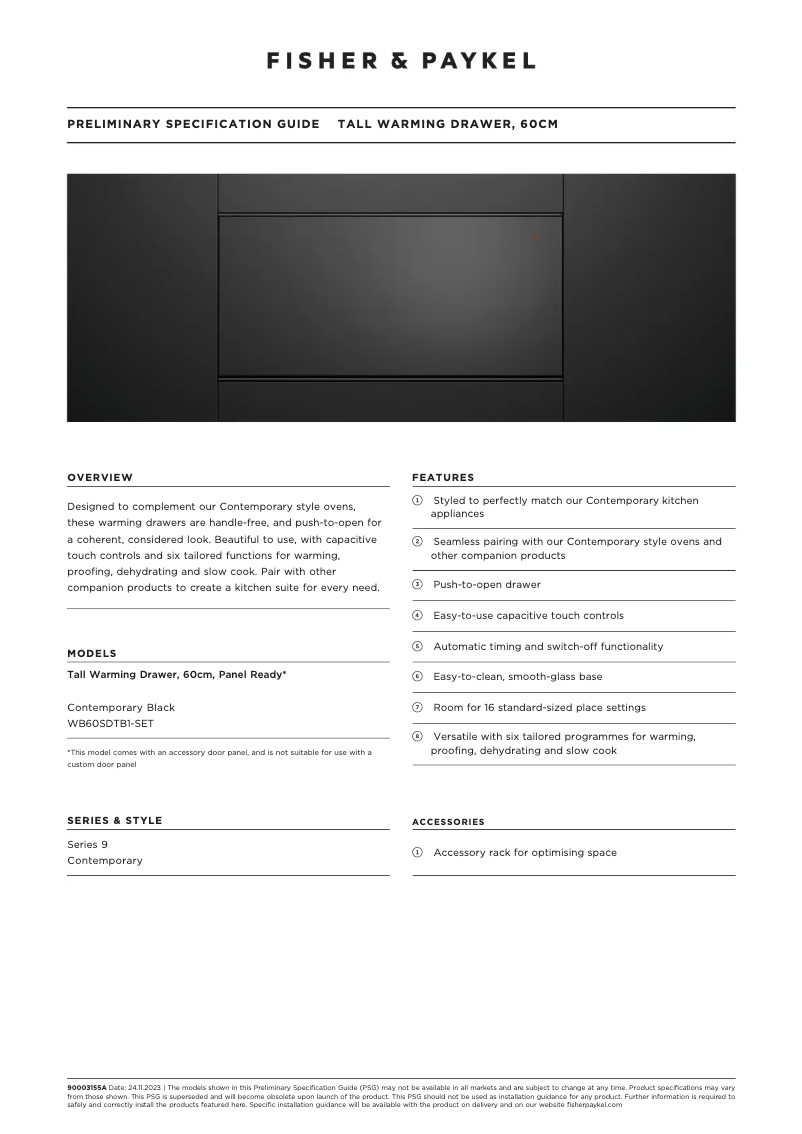 Página 1 del manual Ficha técnica Fisher & Paykel WB60SDTB1-SET