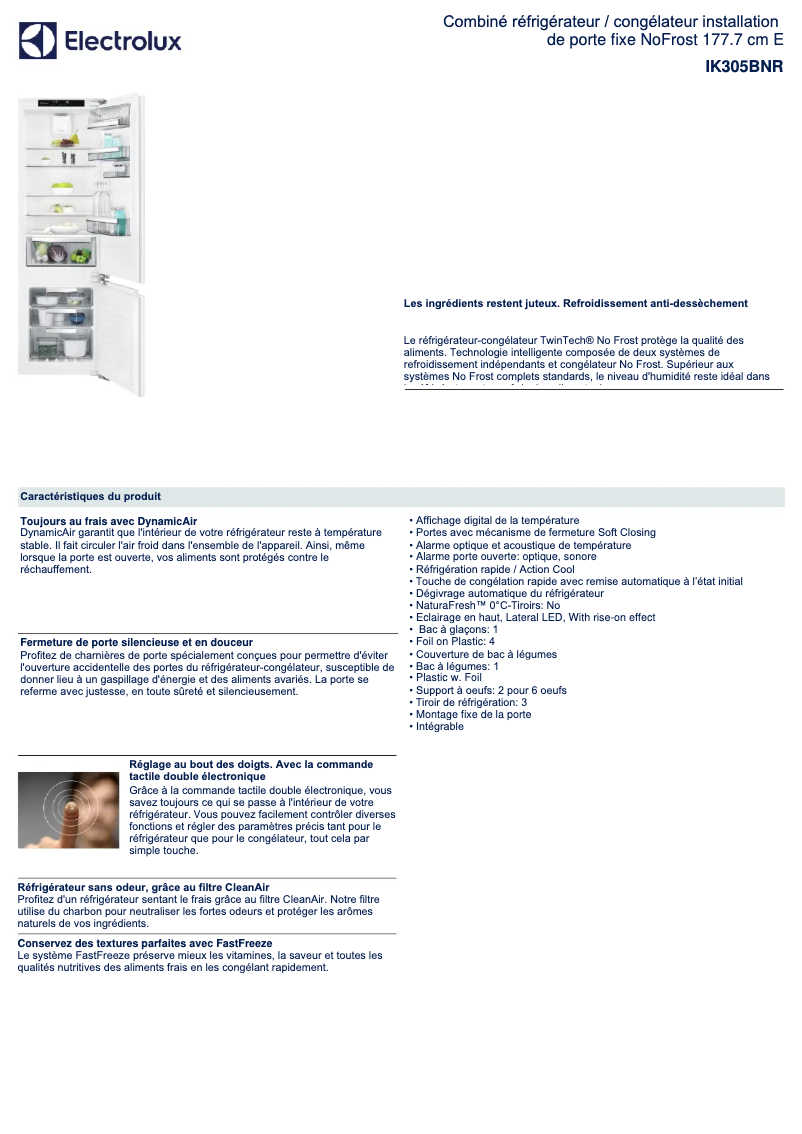 Page 1 de la notice Fiche technique Electrolux IK305BNR