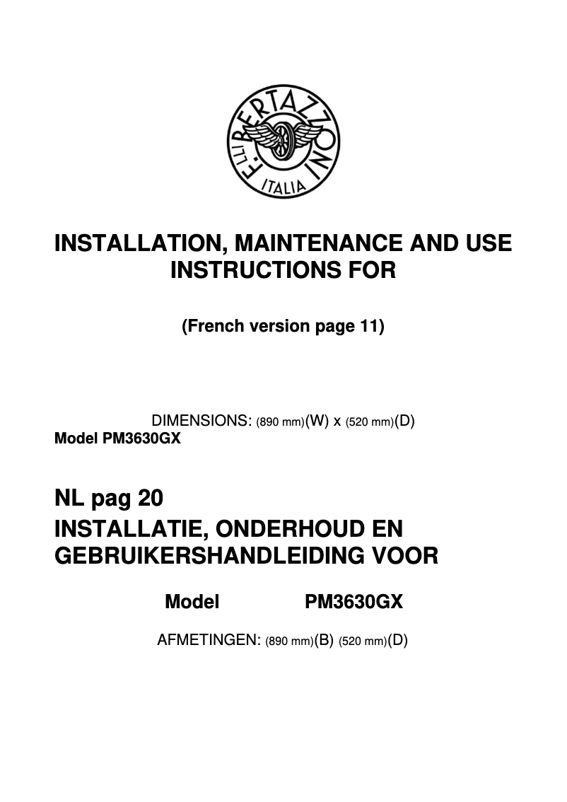 Page 1 de la notice Mode d'emploi Bertazzoni PM36 3 0G X