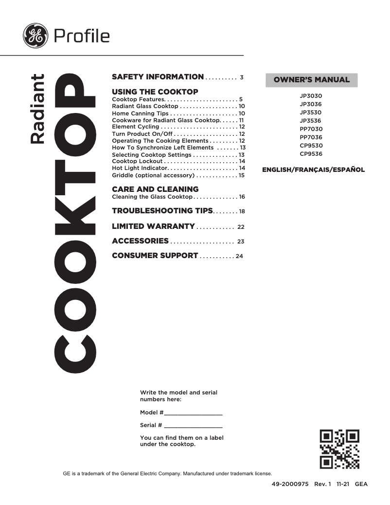 Page 1 de la notice Manuel utilisateur GE JP3030TWWW