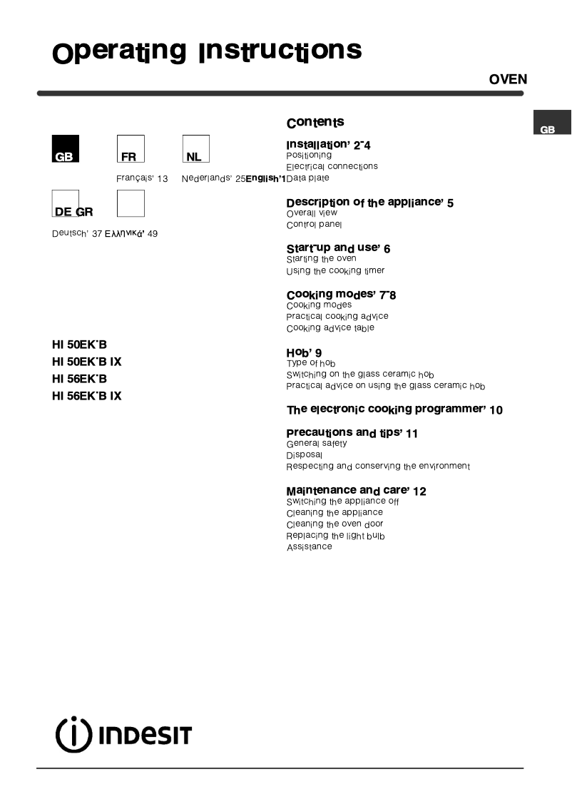 Page 1 de la notice Manuel utilisateur Indesit HI 50 EK.B IX