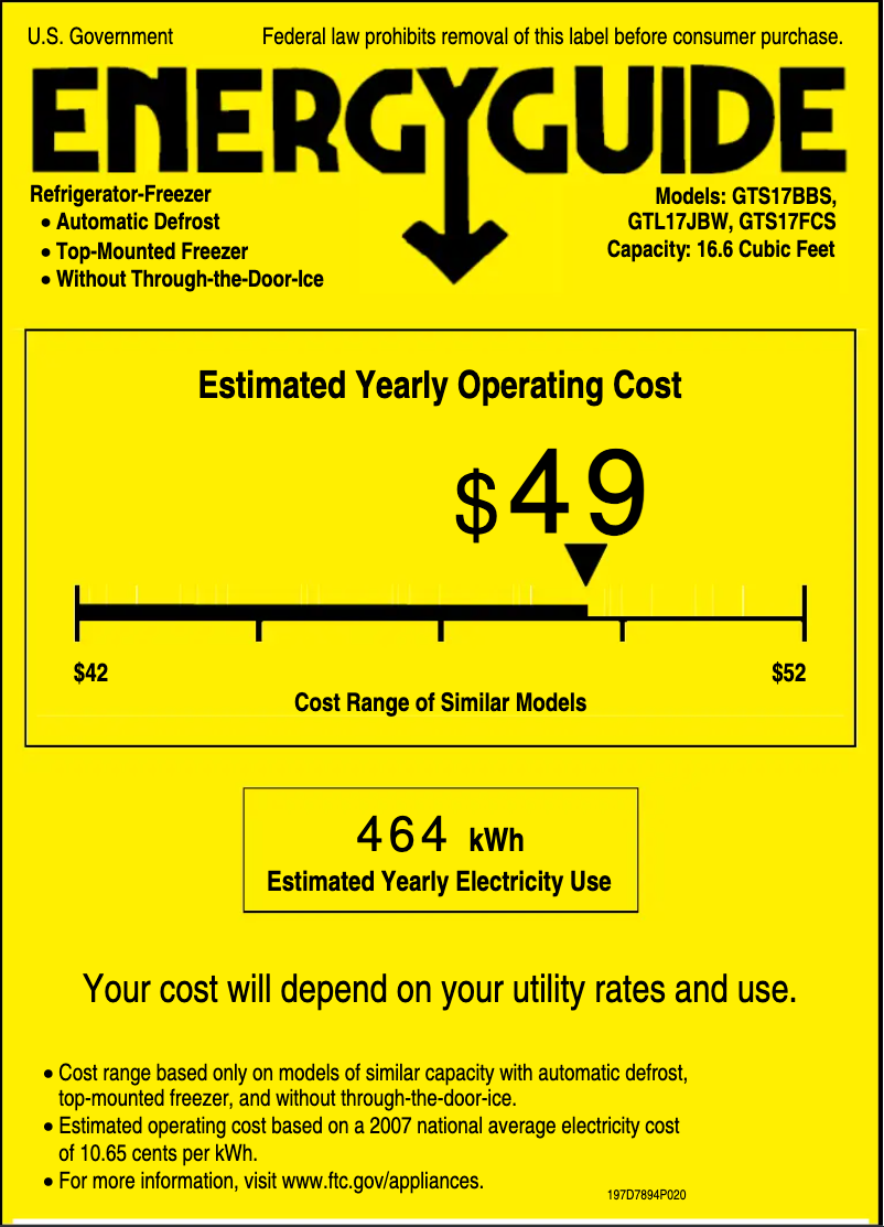 Page 1 de la notice Label énergétique GE GTS17BBSRWW