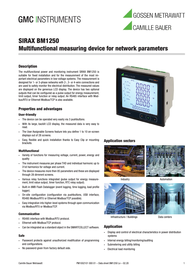 Page 1 de la notice Fiche technique Camille Bauer SIRAX BM1250