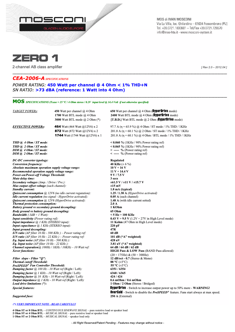 Page 1 de la notice Fiche technique Mosconi ZERO 3