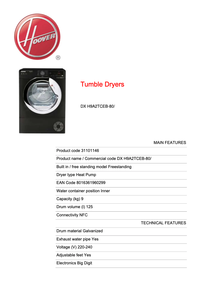 Página 1 del manual Ficha técnica Hoover DX H9A2TCEB-80