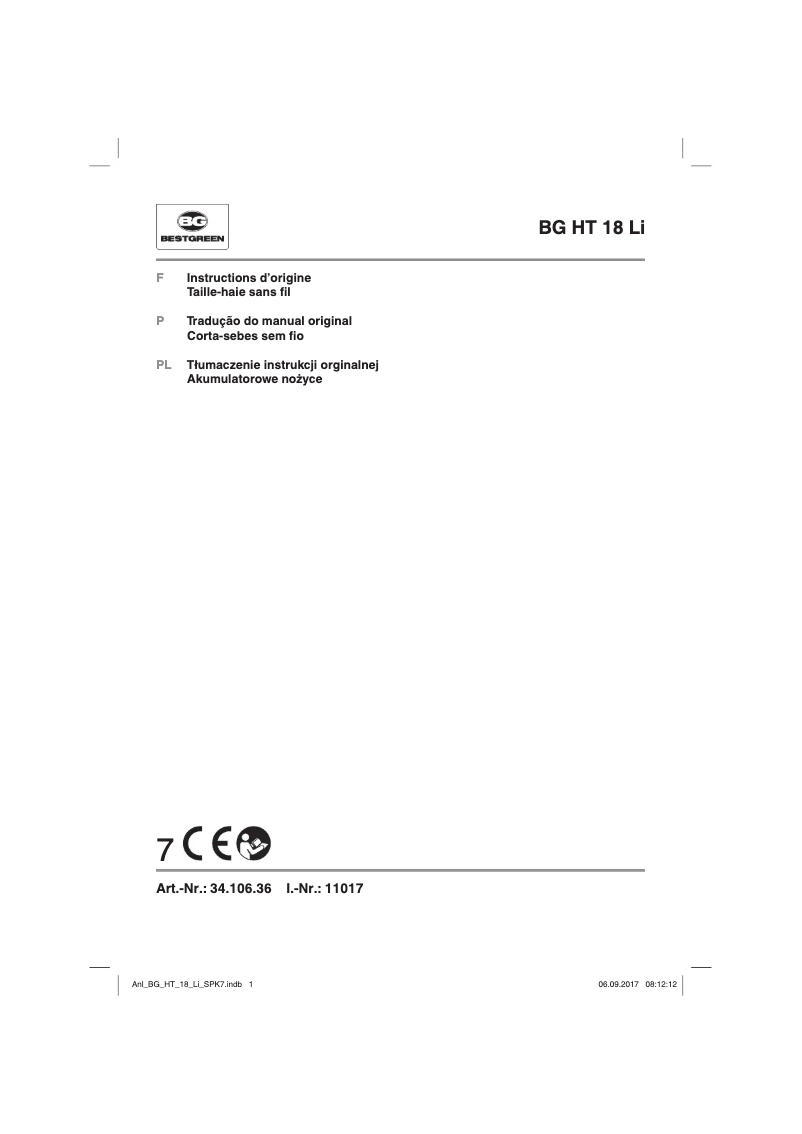Page 1 de la notice Manuel utilisateur Bestgreen BG HT 18 Li
