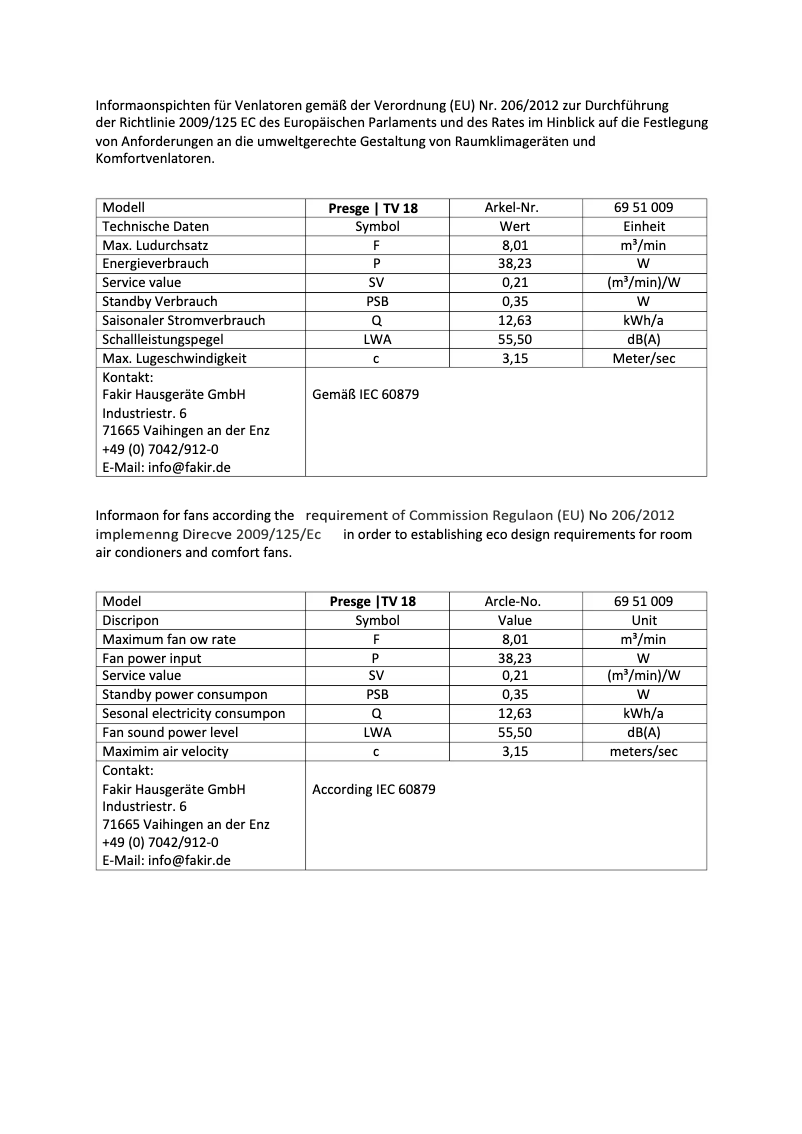 Page 1 de la notice Label énergétique Fakir Prestige TV 18