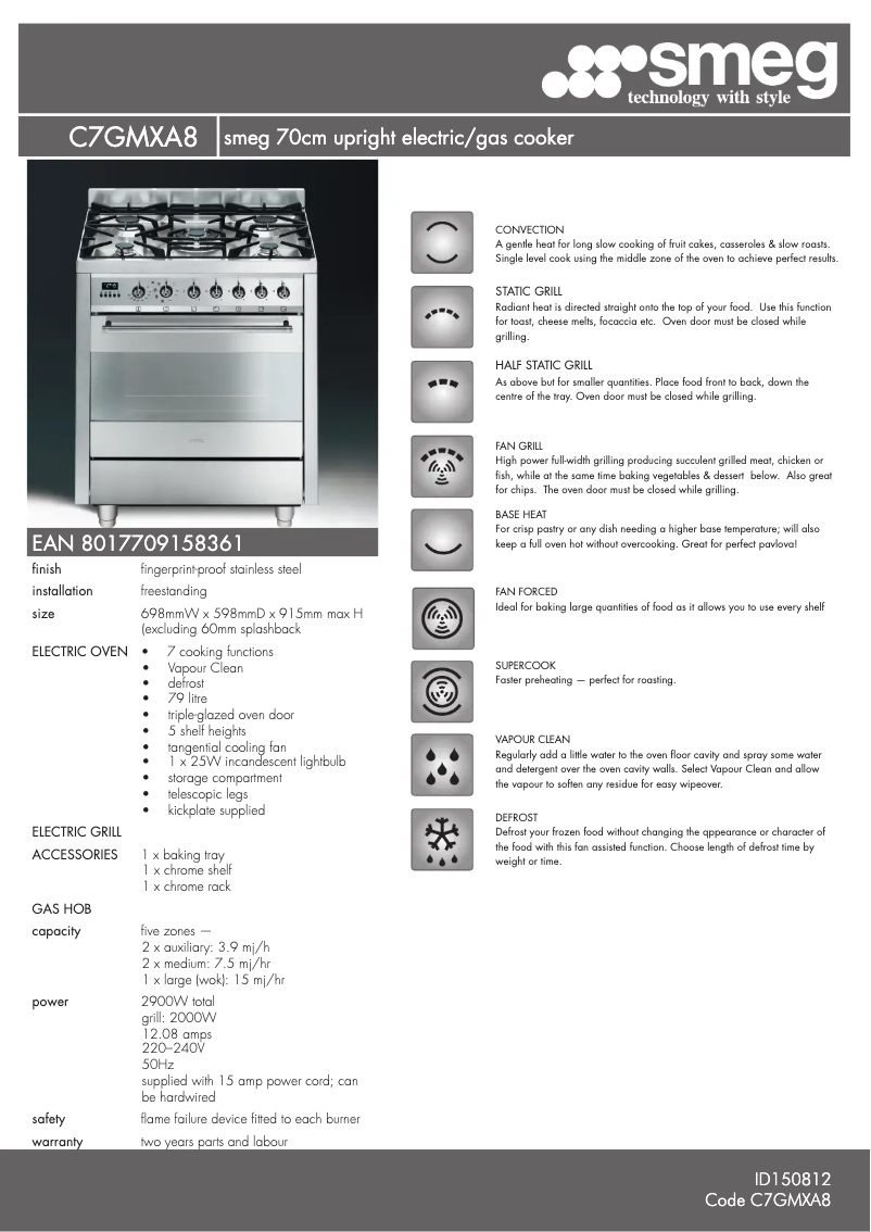 Página 1 del manual Ficha técnica Smeg C7GMXA8