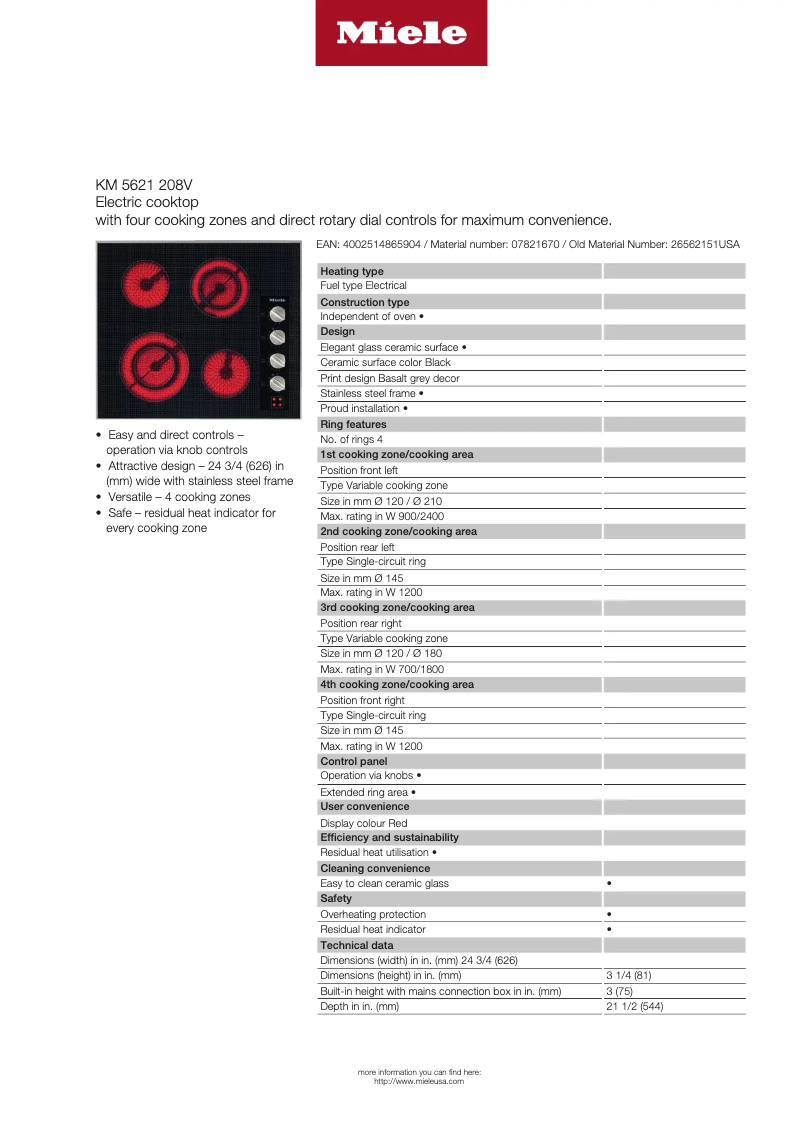 Página 1 del manual Ficha técnica Miele KM 5621 208V