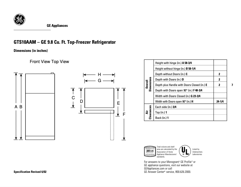 Page 1 de la notice Fiche technique GE GTS10AAMRWW