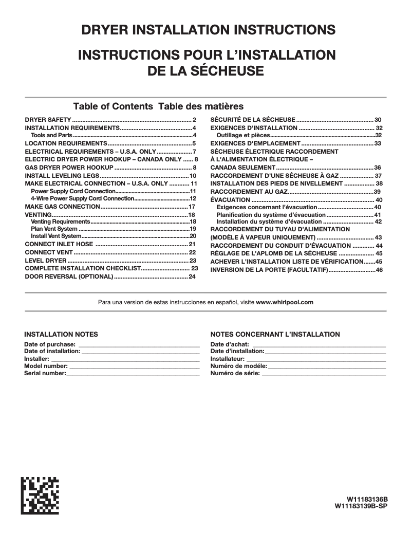 Page 1 de la notice Guide d'installation Whirlpool WED6620HW