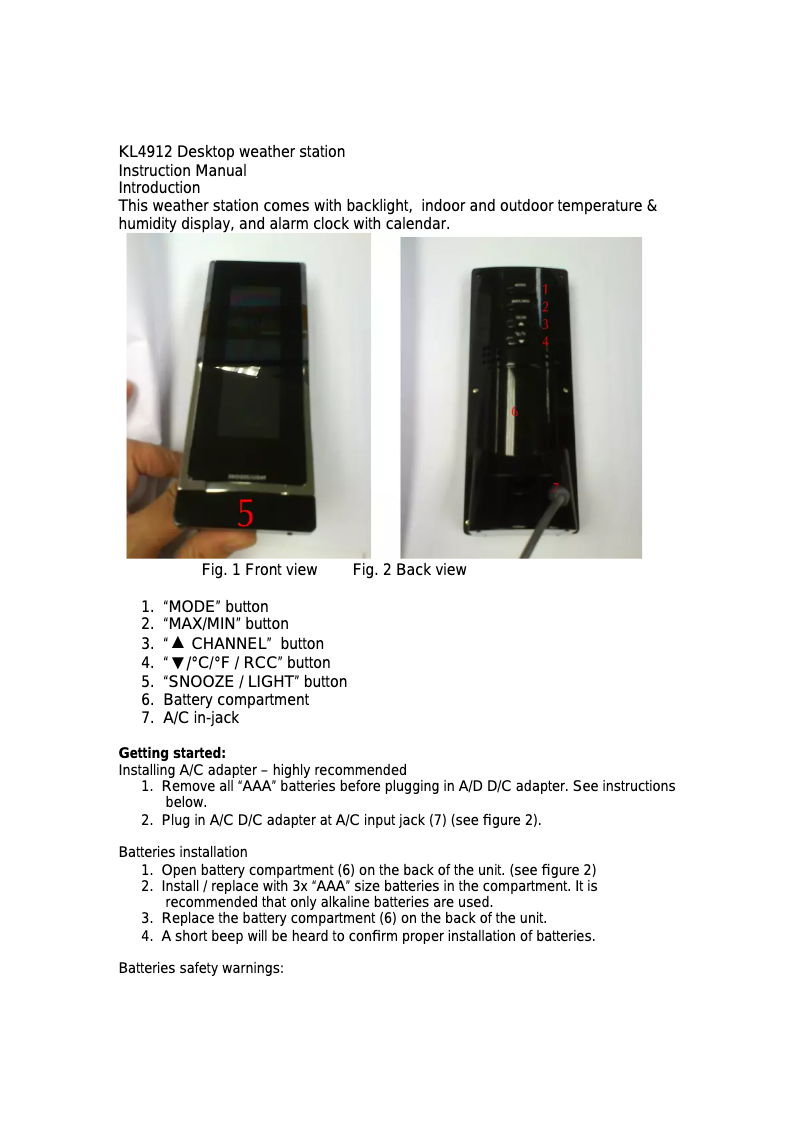 Page 1 de la notice Manuel utilisateur Techno Line KL4912