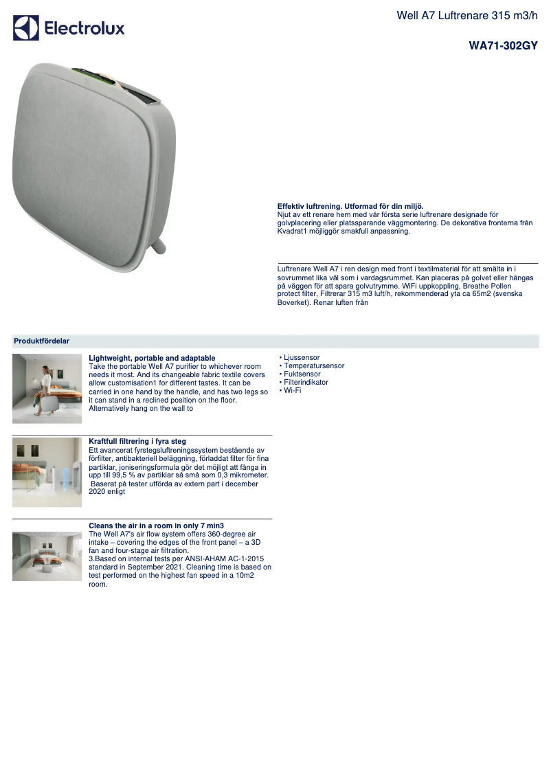 Página 1 del manual Ficha técnica Electrolux Well A7 WA71-302GY